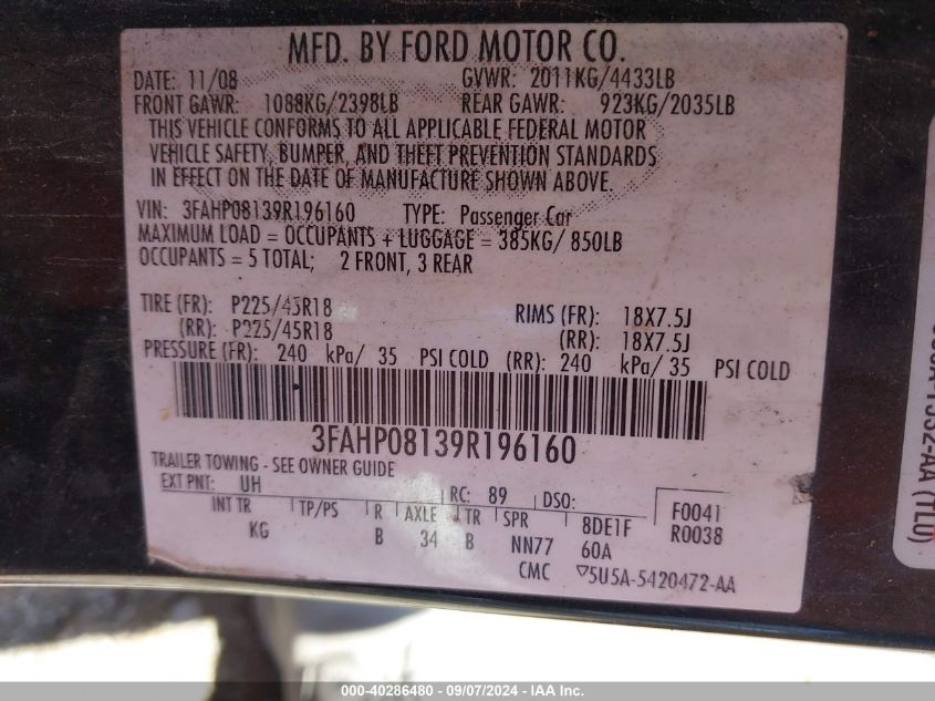 2009 Ford Fusion Sel VIN: 3FAHP08139R196160 Lot: 40286480