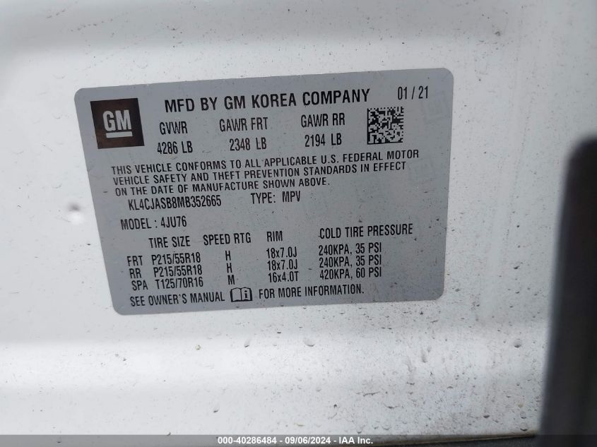 2021 Buick Encore Fwd Preferred VIN: KL4CJASB8MB352665 Lot: 40286484