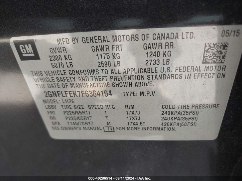 2015 Chevrolet Equinox Lt VIN: 2GNFLFEK7F6364194 Lot: 40286514