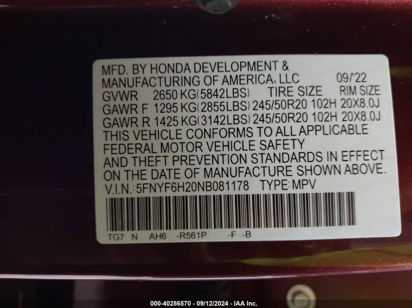 2022 Honda Pilot Awd Special Edition VIN: 5FNYF6H20NB081178 Lot: 40286570