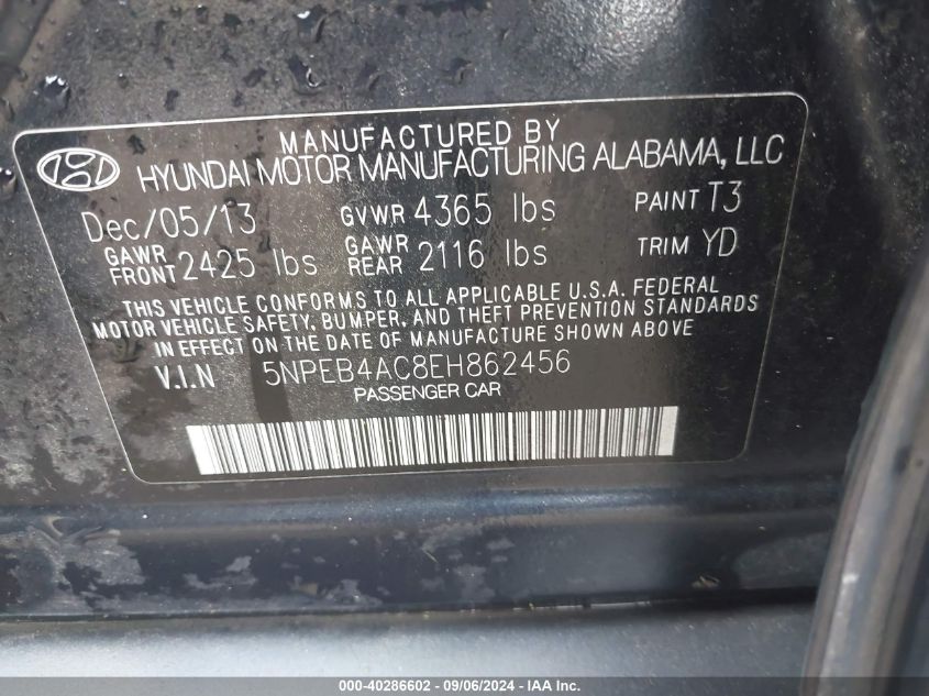 5NPEB4AC8EH862456 2014 Hyundai Sonata Gls