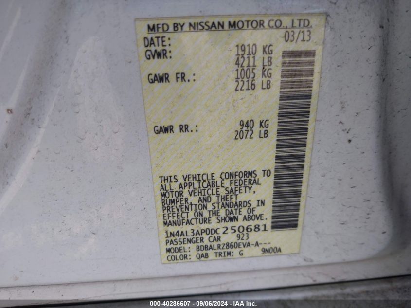 2013 Nissan Altima 2.5/S/Sv/Sl VIN: 1N4AL3AP0DC250681 Lot: 40286607