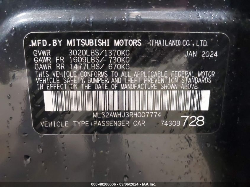 2024 Mitsubishi Mirage Black Edition VIN: ML32AWHJ3RH007774 Lot: 40286636