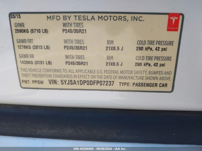 2013 Tesla Model S Performance VIN: 5YJSA1DP0DFP07237 Lot: 40286680