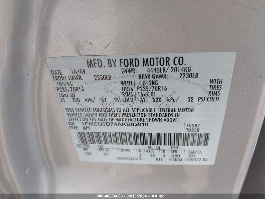 1FMCU0D74AKB02010 2010 Ford Escape Xlt