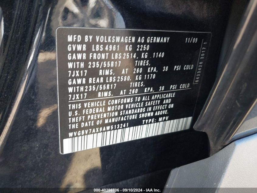 2010 Volkswagen Tiguan Se/Sel VIN: WVGBV7AX9AW513241 Lot: 40286706