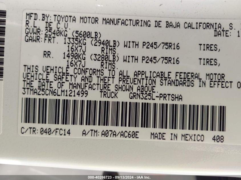 2020 Toyota Tacoma Double Cab/Sr5/Trd Sport/Trd Off Road VIN: 3TMAZ5CN6LM121499 Lot: 40286723