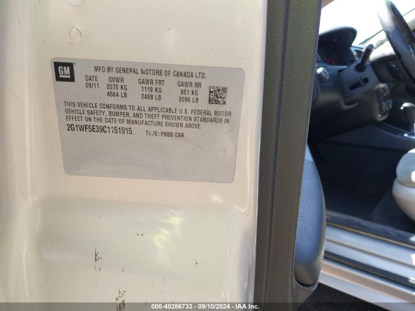 2012 Chevrolet Impala Ls VIN: 2G1WF5E39C1151915 Lot: 40286733