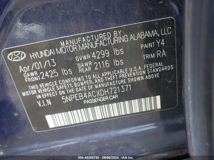 5NPEB4ACXDH721371 2013 Hyundai Sonata Gls