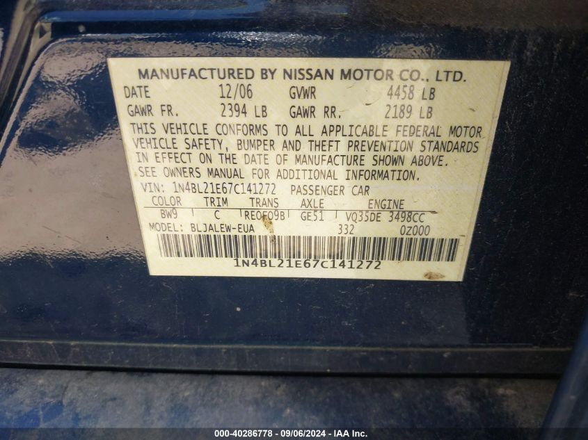 1N4BL21E67C141272 2007 Nissan Altima 3.5 Sl