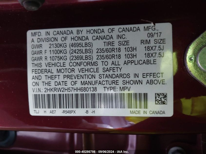 2HKRW2H57HH680138 2017 Honda Cr-V Ex