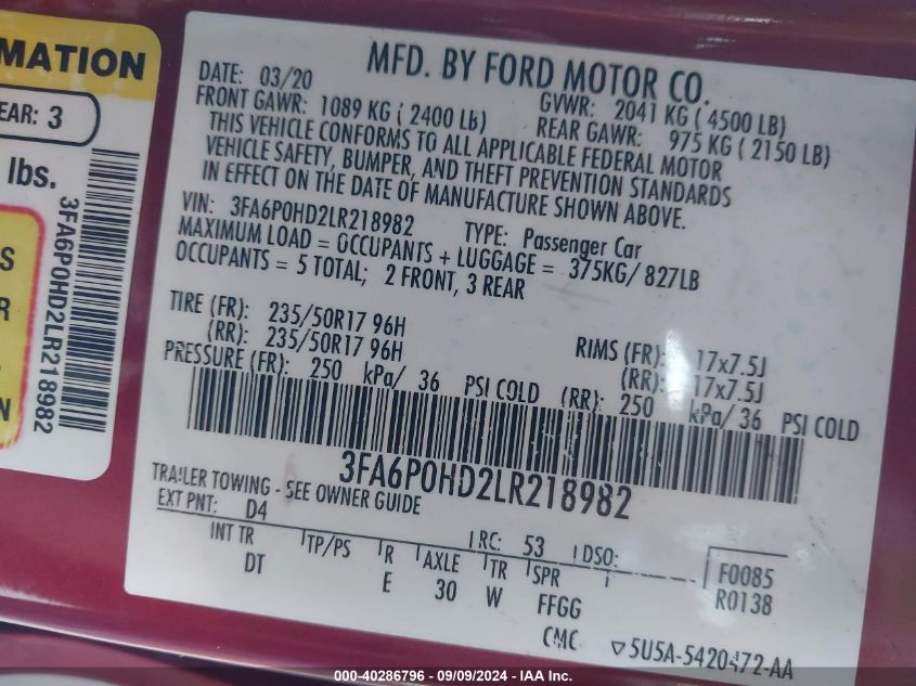 2020 FORD FUSION SE - 3FA6P0HD2LR218982