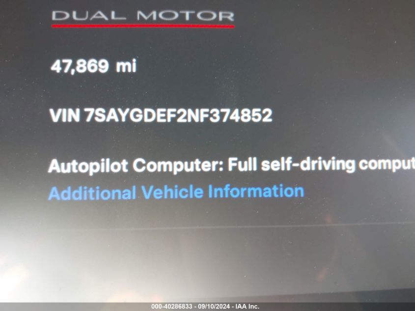 2022 Tesla Model Y Performance Dual Motor All-Wheel Drive VIN: 7SAYGDEF2NF374852 Lot: 40286833