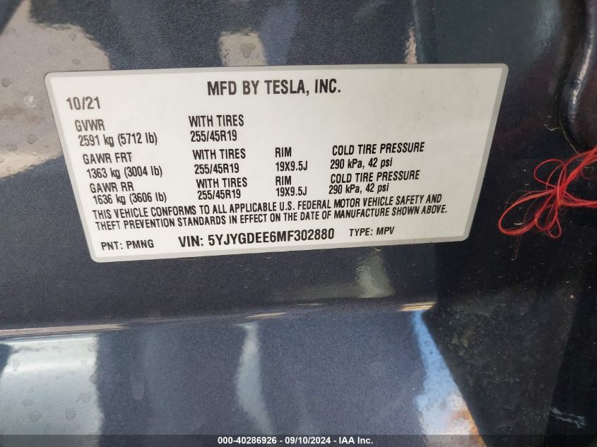 2021 Tesla Model Y VIN: 5YJYGDEE6MF302880 Lot: 40286926