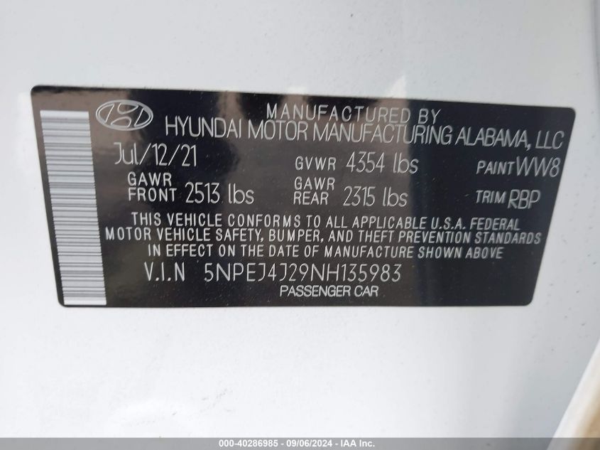 2022 Hyundai Sonata Sel Plus VIN: 5NPEJ4J29NH135983 Lot: 40286985