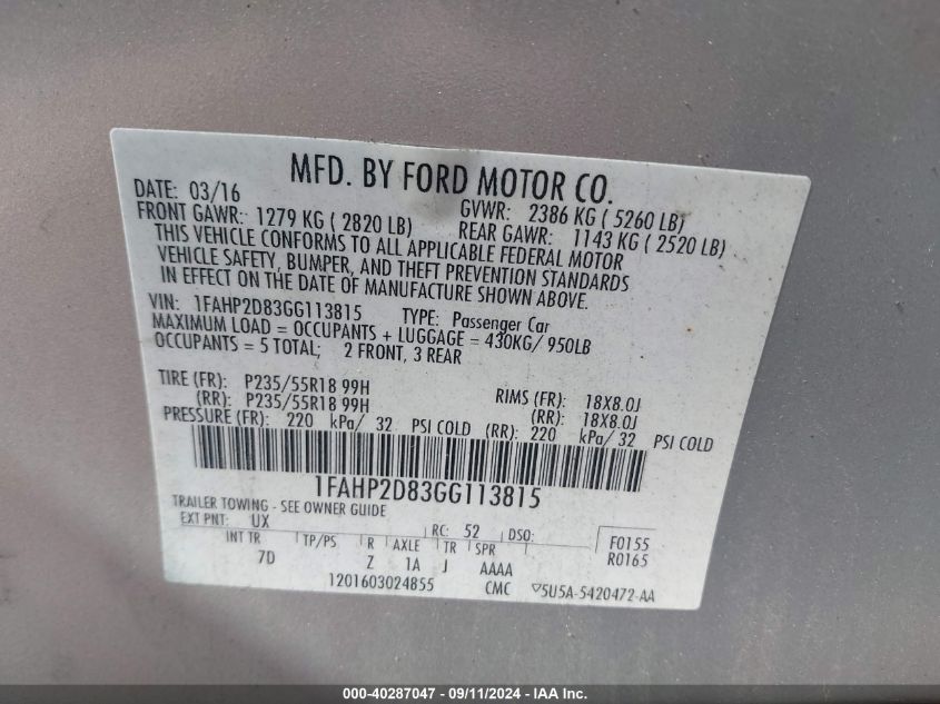 1FAHP2D83GG113815 2016 Ford Taurus Se