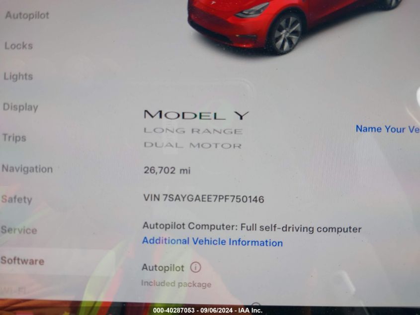 2023 Tesla Model Y Awd/Long Range Dual Motor All-Wheel Drive VIN: 7SAYGAEE7PF750146 Lot: 40287053