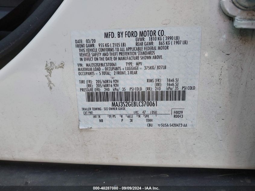 MAJ3S2GE8LC370061 2020 Ford Ecosport Se