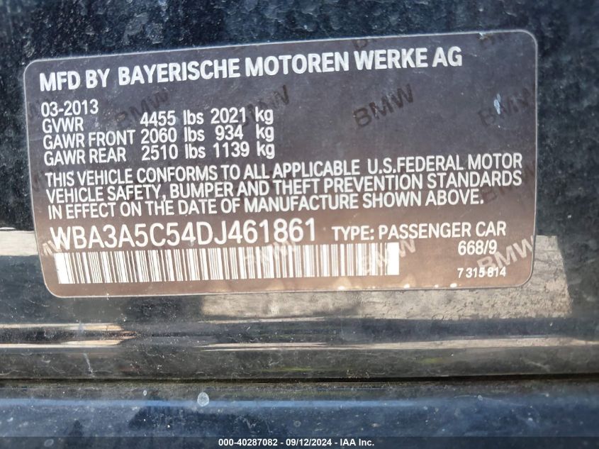 2013 BMW 328I VIN: WBA3A5C54DJ461861 Lot: 40287082