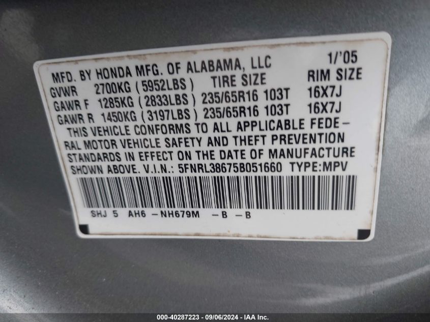 2005 Honda Odyssey Ex-L VIN: 5FNRL38675B051660 Lot: 40287223