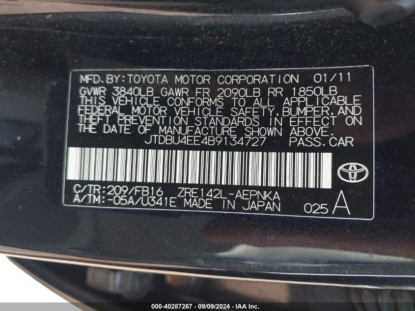 2011 Toyota Corolla Le VIN: JTDBU4EE4B9134727 Lot: 40287267