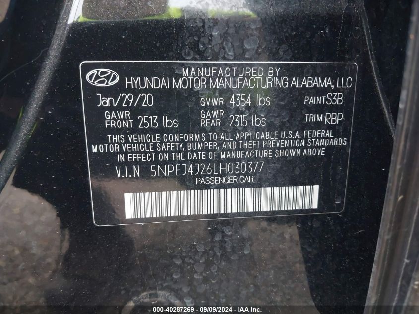 5NPEJ4J26LH030377 2020 Hyundai Sonata Sel Plus