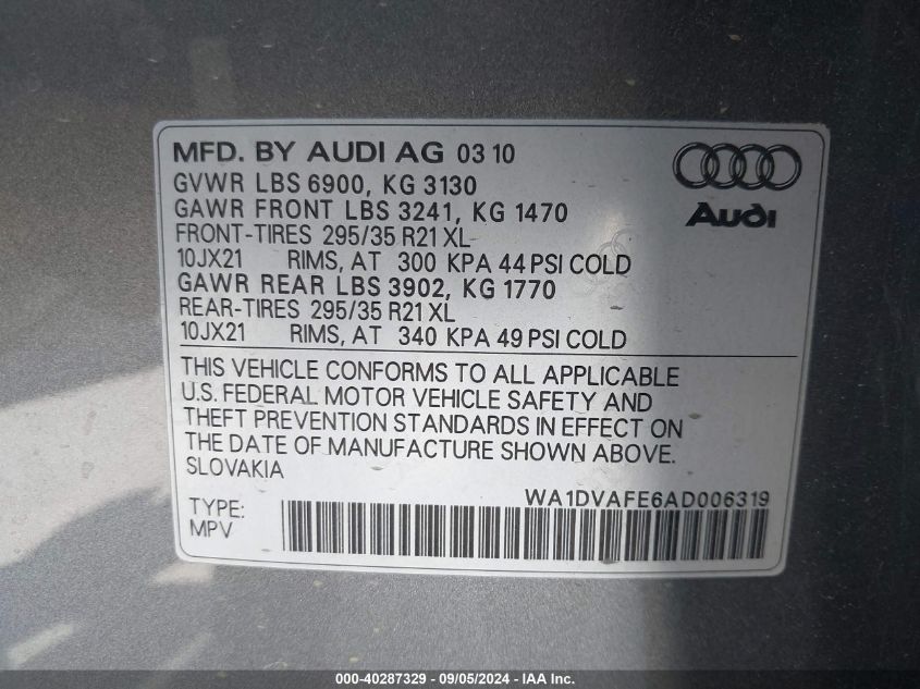 2010 Audi Q7 4.2 Prestige VIN: WA1DVAFE6AD006319 Lot: 40287329