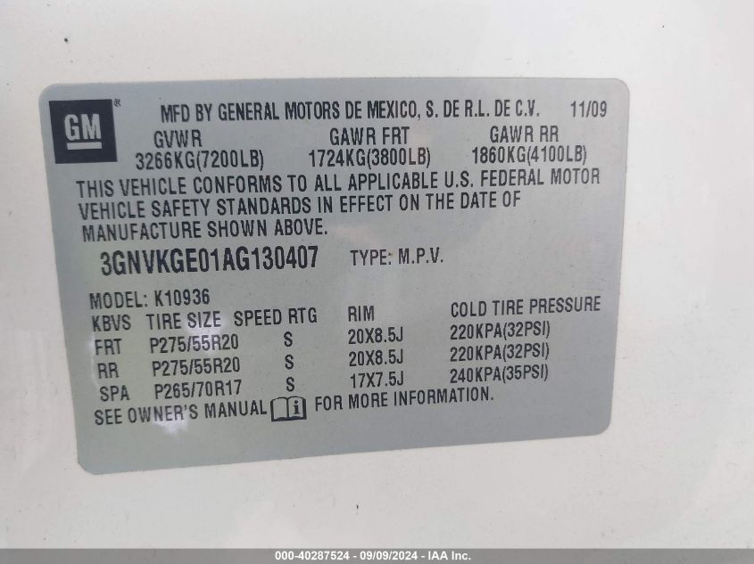 2010 Chevrolet Avalanche 1500 Ltz VIN: 3GNVKGE01AG130407 Lot: 40287524