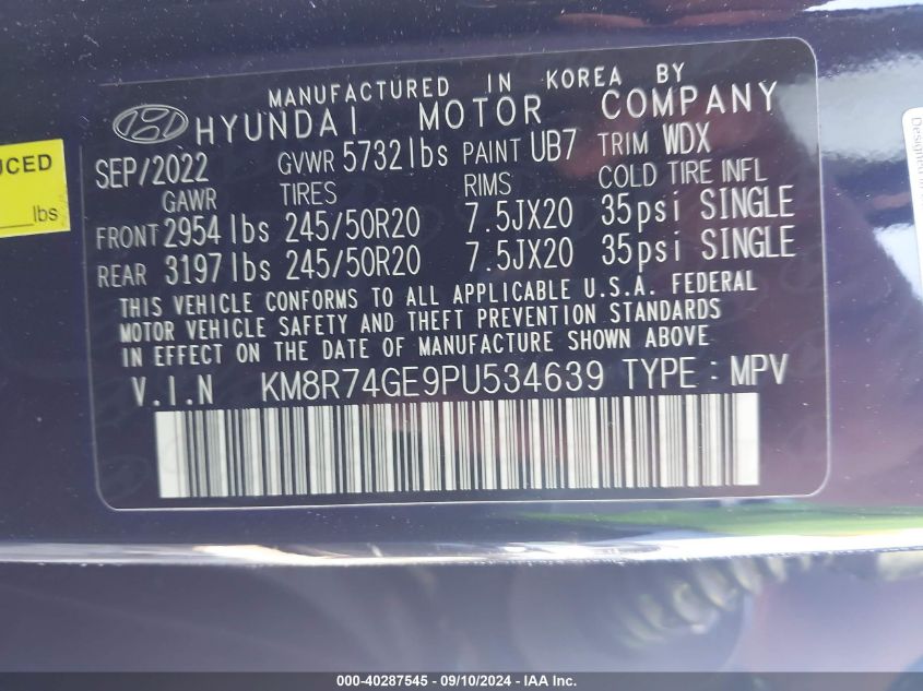 2023 Hyundai Palisade Calligraphy VIN: KM8R74GE9PU534639 Lot: 40287545