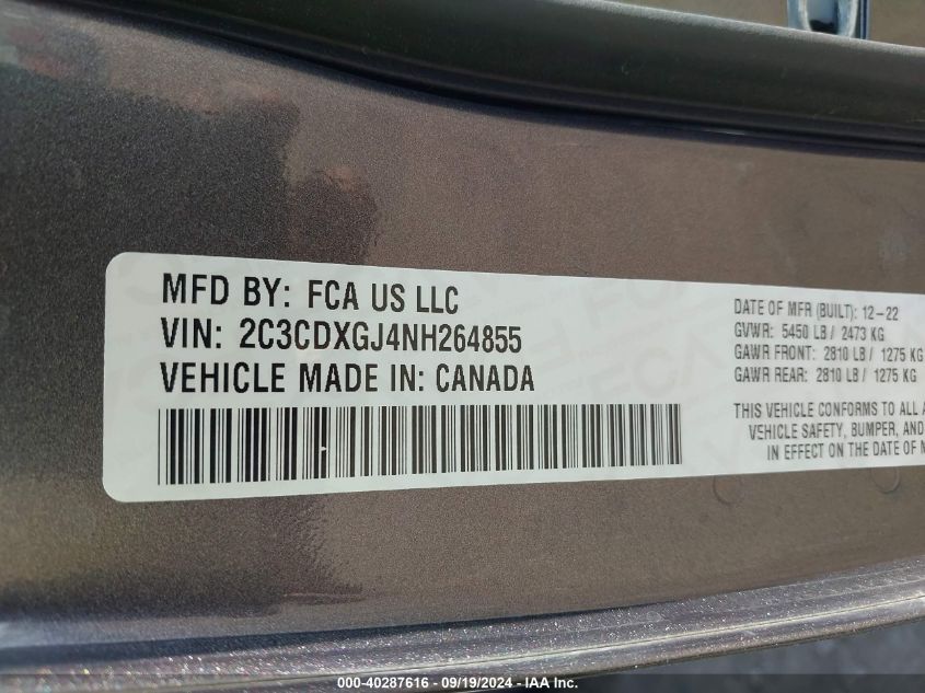 2022 Dodge Charger Scat Pack VIN: 2C3CDXGJ4NH264855 Lot: 40287616