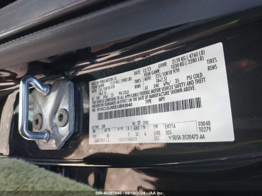 2014 Ford Escape Titanium VIN: 1FMCU0J95EUB93840 Lot: 40287645