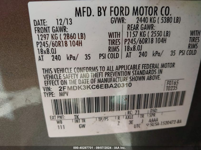 2FMDK3KC6EBA20310 2014 Ford Edge Limited