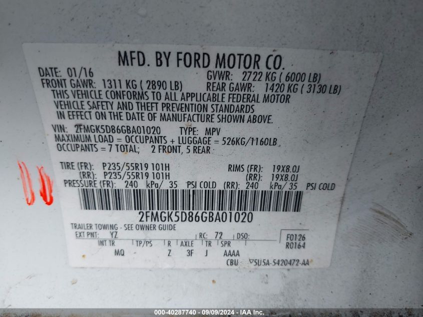 2FMGK5D86GBA01020 2016 Ford Flex Limited