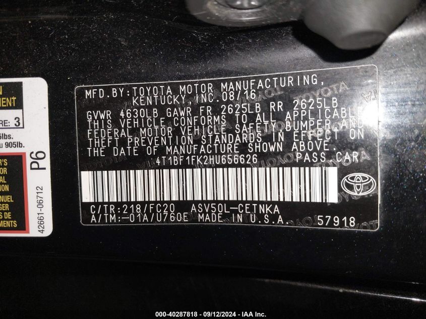 4T1BF1FK2HU656626 2017 Toyota Camry Le/Xle/Se/Xse