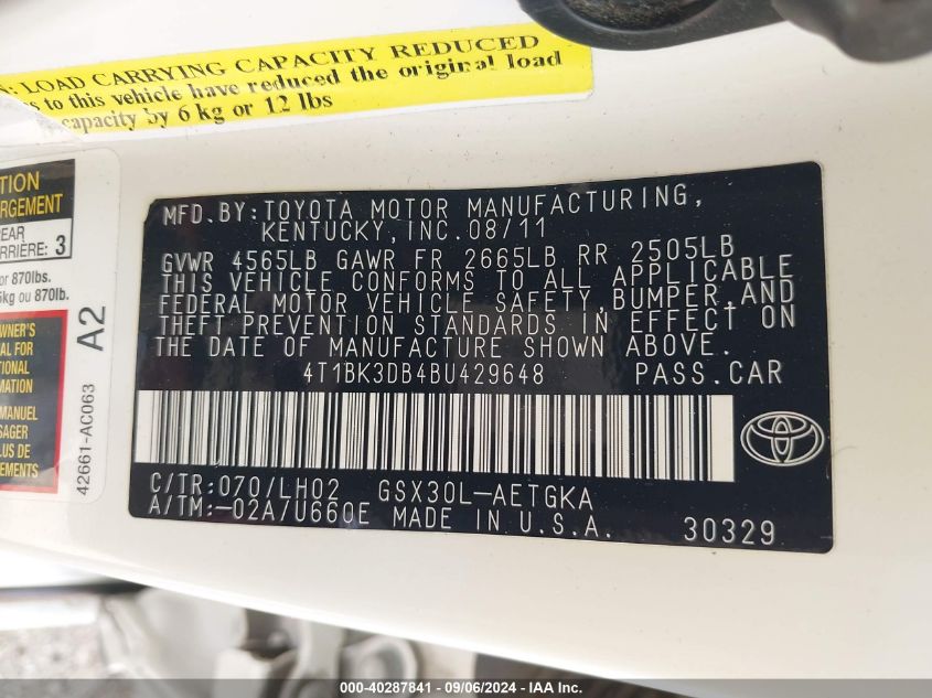 2011 Toyota Avalon VIN: 4T1BK3DB4BU429648 Lot: 40287841