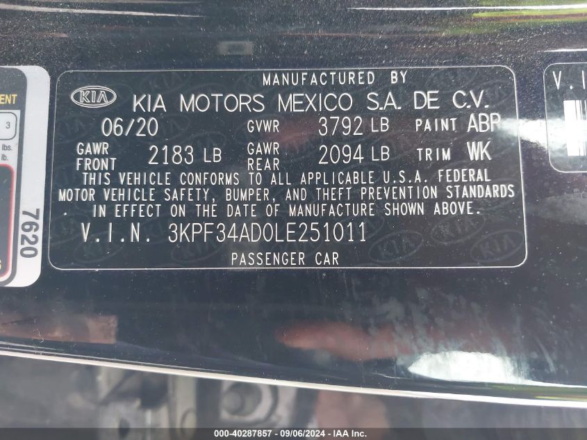 2020 Kia Forte Gt-Line VIN: 3KPF34AD0LE251011 Lot: 40287857