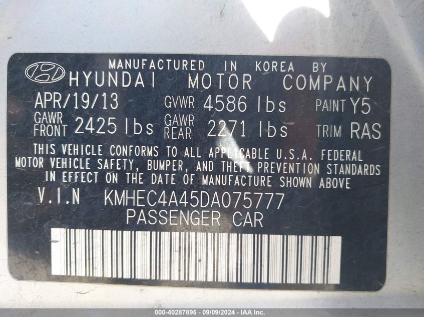 2013 Hyundai Sonata Hybrid VIN: KMHEC4A45DA075777 Lot: 40287895