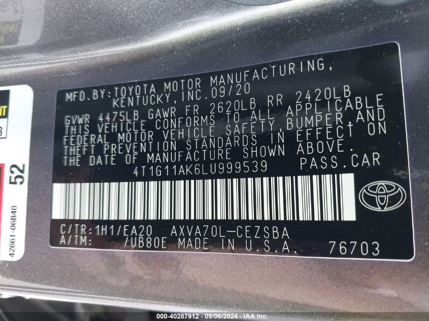 4T1G11AK6LU999539 2020 Toyota Camry Se