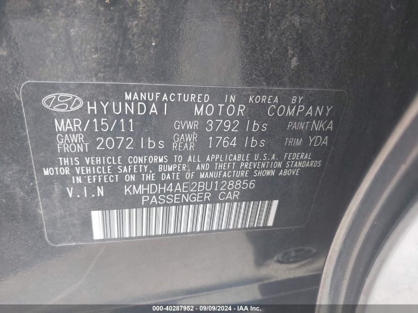 2011 Hyundai Elantra Gls (Ulsan Plant) VIN: KMHDH4AE2BU128856 Lot: 40287952