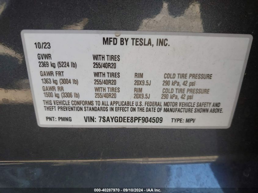 2023 Tesla Model Y Awd/Long Range Dual Motor All-Wheel Drive VIN: 7SAYGDEE8PF904509 Lot: 40287970