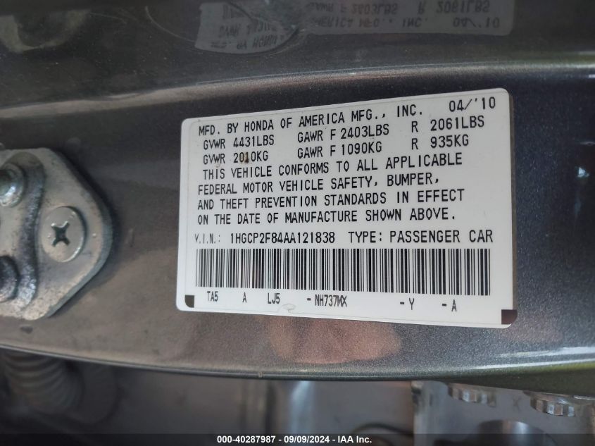 1HGCP2F84AA121838 2010 Honda Accord 2.4 Ex-L