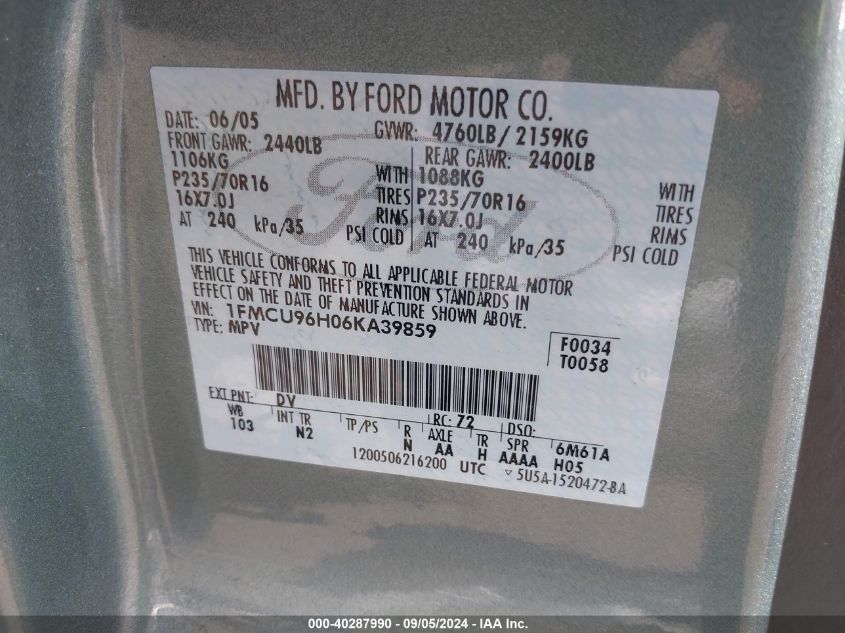 2006 Ford Escape Hybrid VIN: 1FMCU96H06KA39859 Lot: 40287990