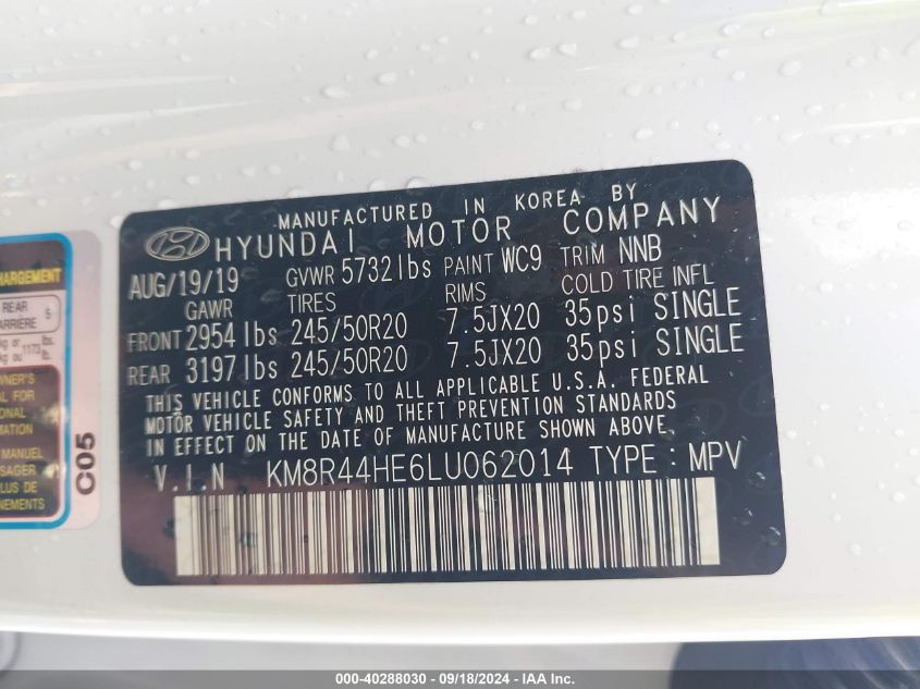 2020 Hyundai Palisade Sel VIN: KM8R44HE6LU062014 Lot: 40288030