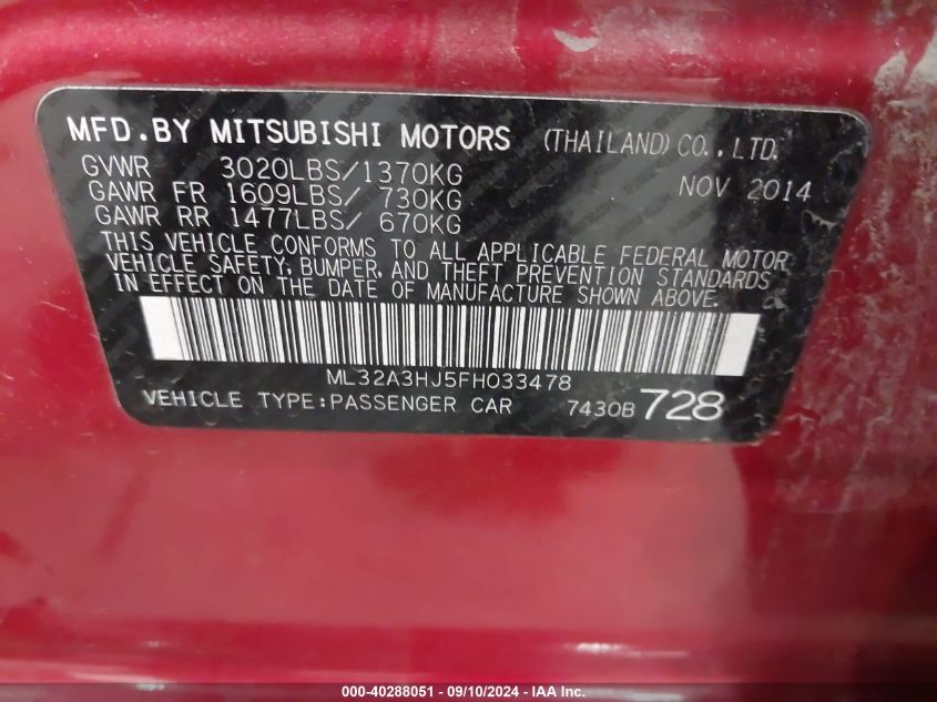 ML32A3HJ5FH033478 2015 Mitsubishi Mirage De/Rf