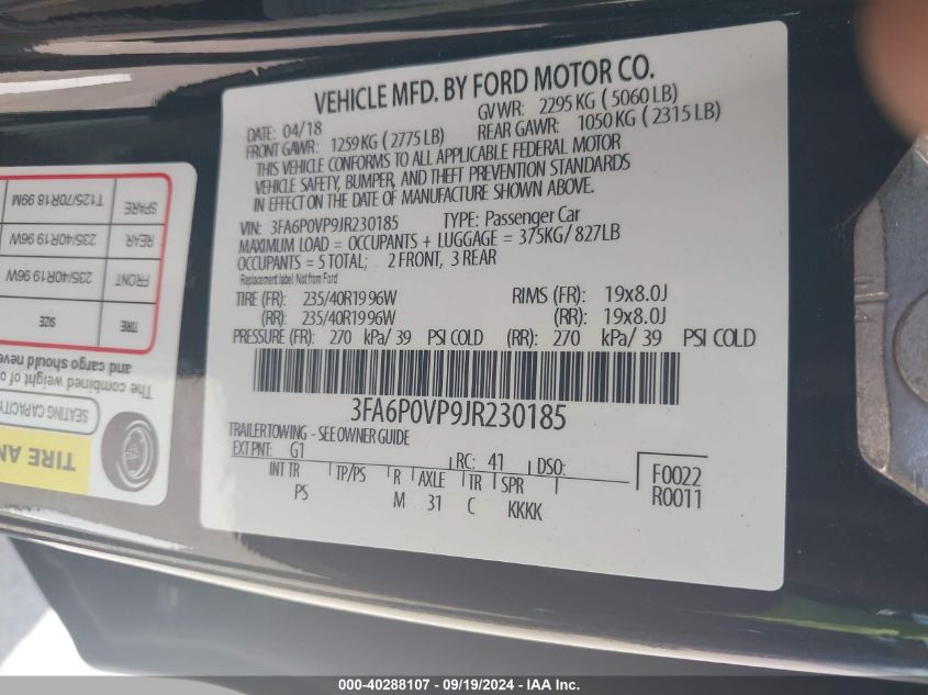 2018 Ford Fusion Sport VIN: 3FA6P0VP9JR230185 Lot: 40288107