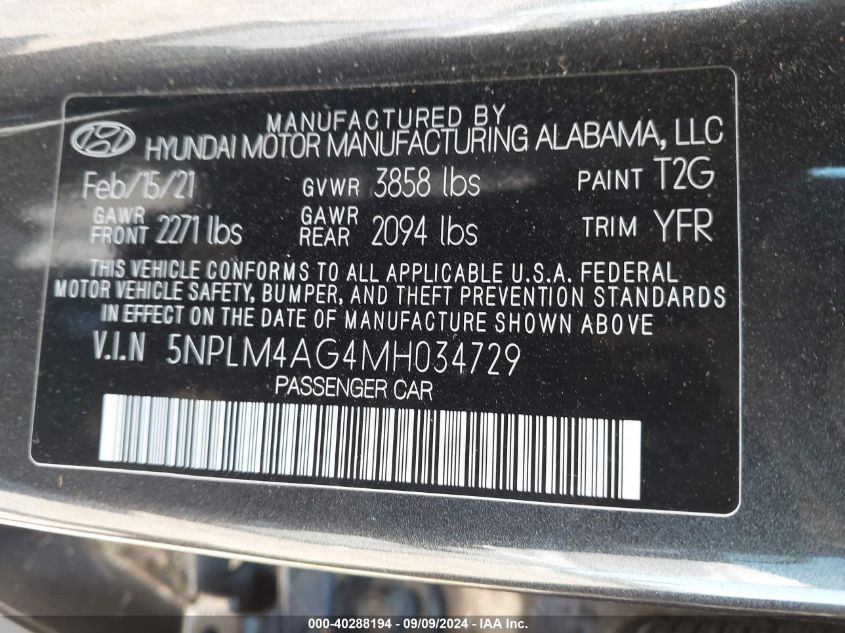 2021 Hyundai Elantra Sel VIN: 5NPLM4AG4MH034729 Lot: 40288194