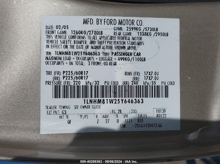 1LNHM81W25Y646363 2005 Lincoln Town Car Signature