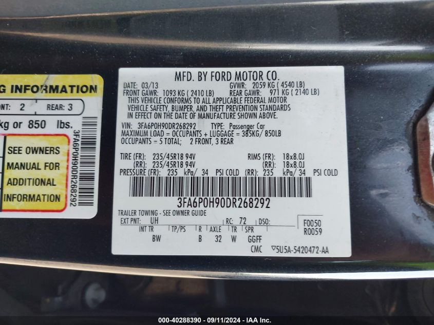 2013 Ford Fusion Se VIN: 3FA6P0H90DR268292 Lot: 40288390