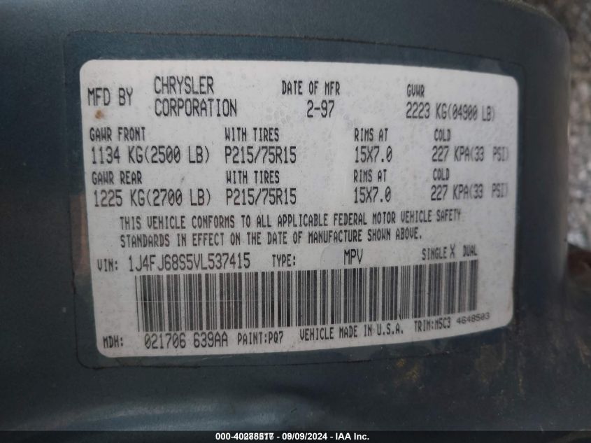1997 Jeep Cherokee Sport VIN: 1J4FJ68S5VL537415 Lot: 40288517