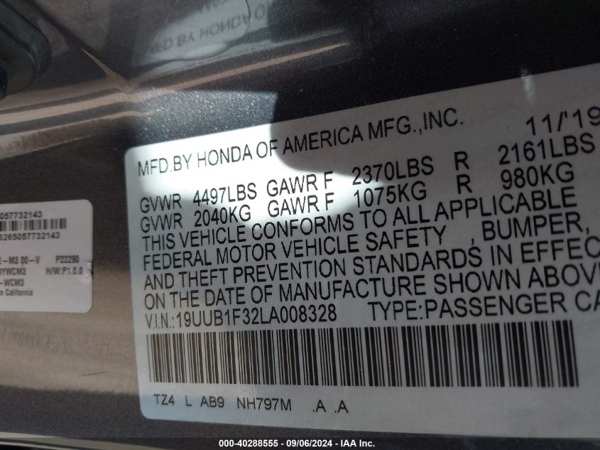 19UUB1F32LA008328 2020 Acura Tlx Standard